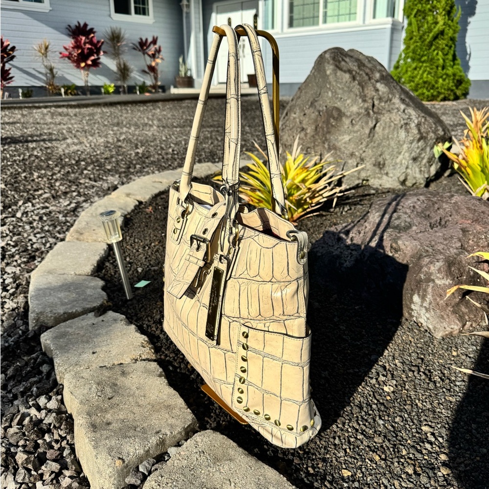 Sharif Studio Cream Croc Embossed Studded Tote Bag - Picture 4 of 15